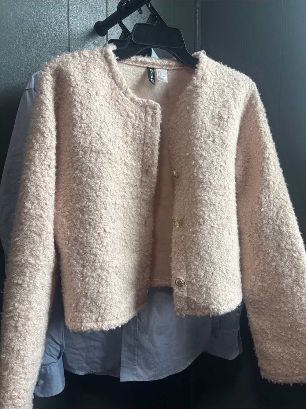 H&M Blush Bouclé Cropped Teddy Jacket Medium - Picture 2 of 7